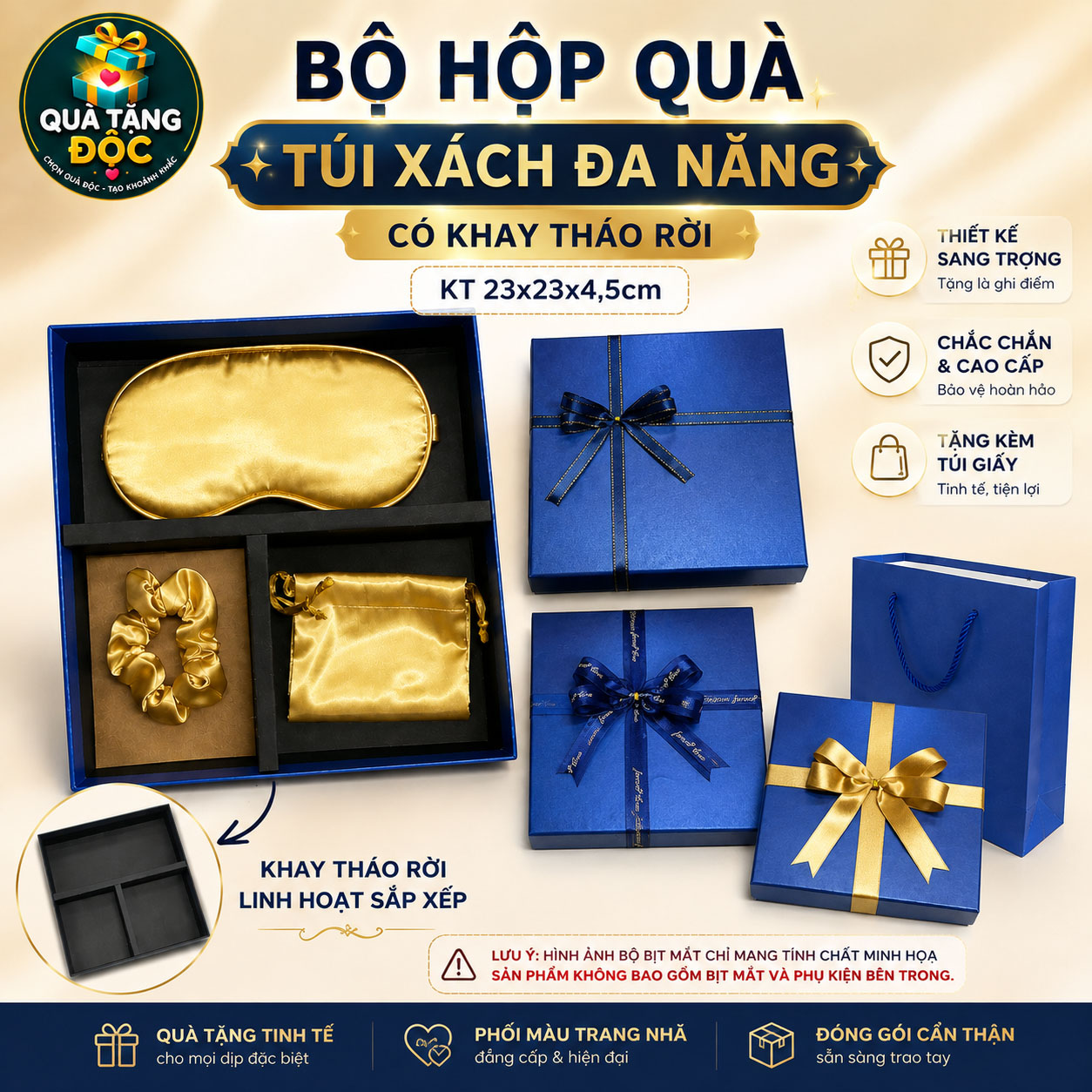 Bộ hộp đựng quà tặng túi xách đa năng với khay tháo rời - KT 23x23x4,5cm